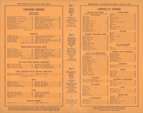 Kwang Chow Cafe, USA 1940s Chinese american menu