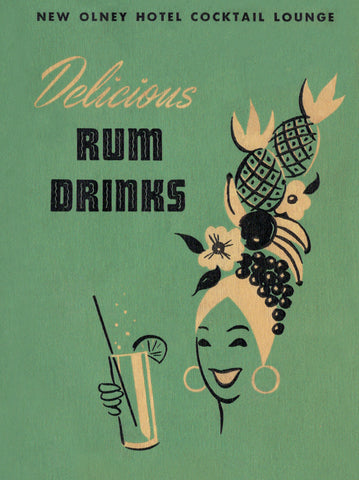 Delicious Rum Drinks, New Olney Hotel, Maryland 1950s Menu Art