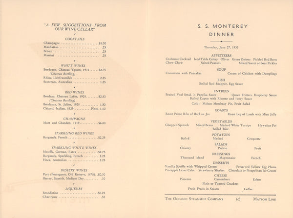 SS Monterey, Matson Lines 1935 Dinner menu