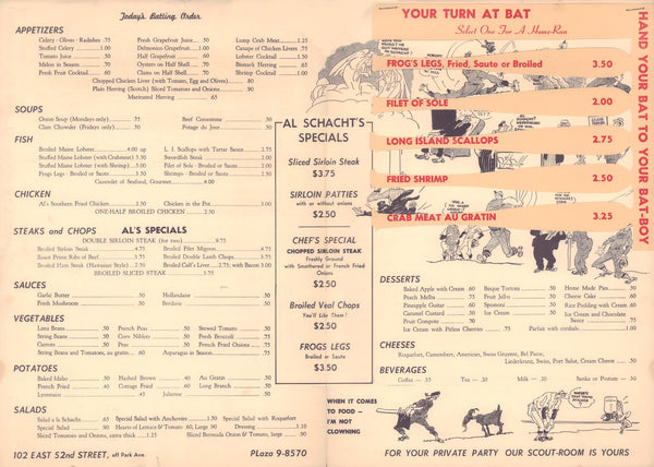 Al Schacht's Score Card, New York 1954 Steakhouse Menu 