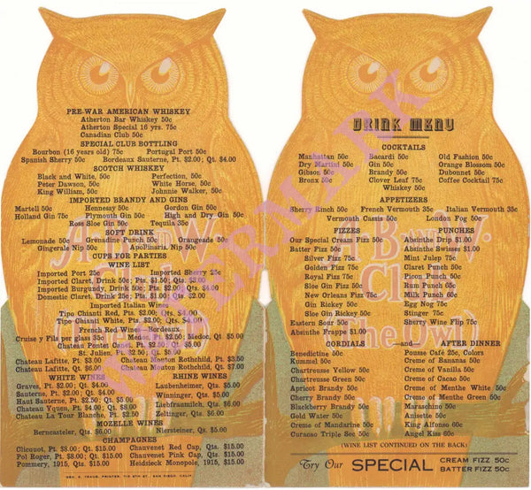 A B & W Club (The Owl) Mexicali 1920s Menu Design