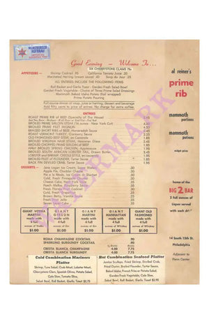 Al Reiner's Prime Rib, Philadelphia 1960s | Vintage Menu Art - food menu