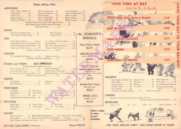 Al Schacht's Score Card, New York 1954 Steakhouse Menu