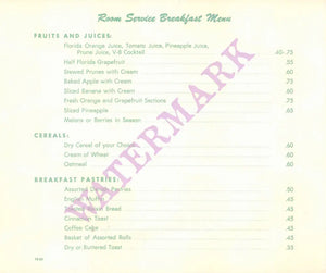 Americana Hotel, Bal Harbor, Miami Beach 1965 Room Service Menu