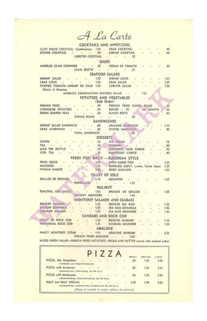 Angelo's Monterey 1960s Vintage Menu