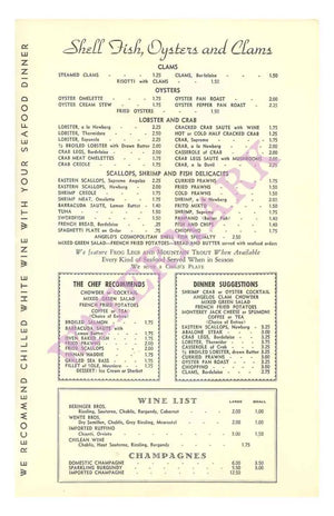 Angelo's Monterey 1960s Vintage Menu