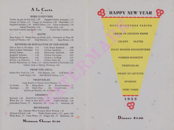 Bal Tabarin, San Francisco 1932/33 New Year's Menu