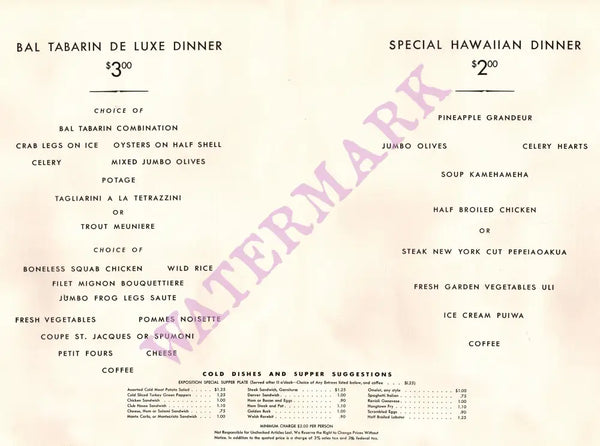 Bal Tabarin, San Francisco 1939 Menu