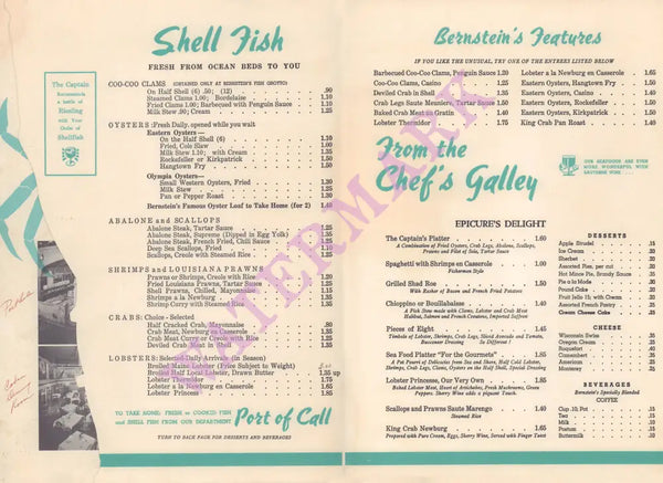 Bernstein's, San Francisco 1950 Menu