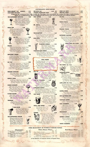 Billingsley's The Outrigger, Laguna Beach 1960s Menu