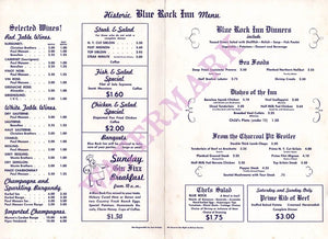 Blue Rock Inn, Larkspur 1960s/1970s Menu