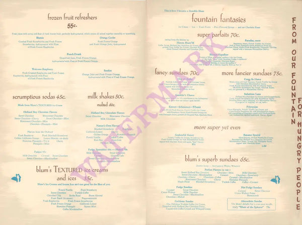 Blum's, San Francisco 1950s Menu