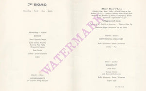 BOAC Johannesburg - Nairobi - Rome - London 1967 inflight menu