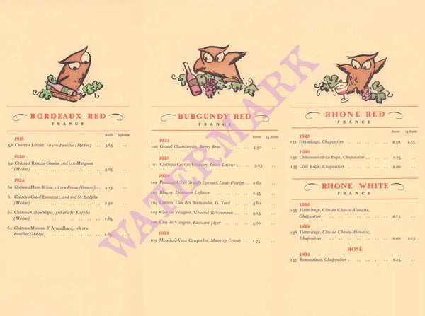 Bohemia Club, San Francisco 1940s Wine List owls
