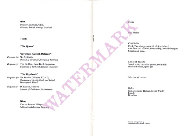 British Airways Return To Inverness Airport Luncheon, 1974 Menu