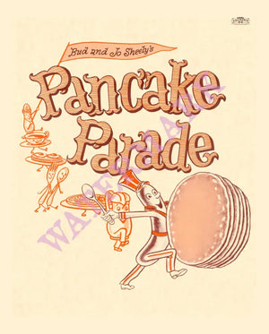 Bud & Jo Sheely's Pancake Parade, Rancho Cordova, CA 1960s Menu Art
