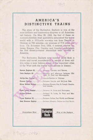 Burlington Zephyr, 1943 Menu