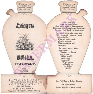 Cabin Grill, New York 1935 Menu