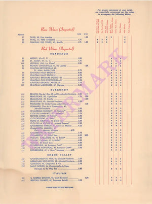 Café Continental, New York 1950s Wine List