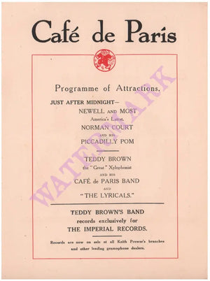 Café De Paris, London 1920s Menu Art | Vintage Menu Art - programme of attractions