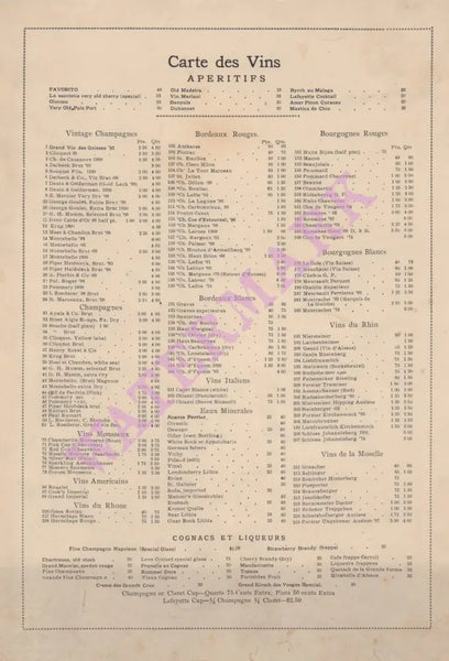 Café Lafayette, New York September 1907 Wine List