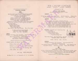 Canary Cottage Lexington KY 1938 Vintage Americana Menus
