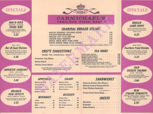 Carmichael's Fabulous Steak Ranch, Atlanta 1960s Menu