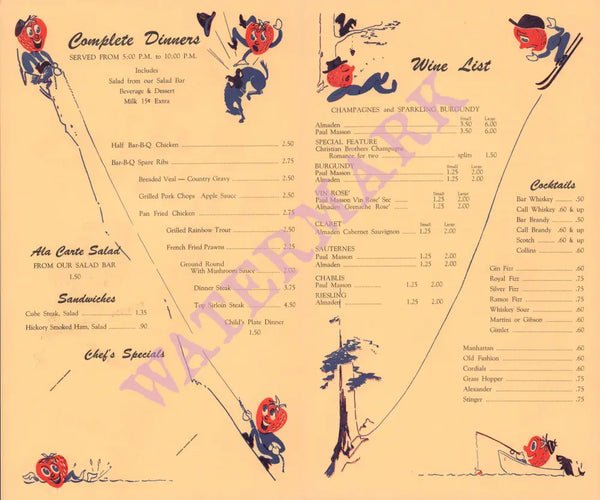 Carter's Strawberry Resort, Strawberry CA 1960s Menu