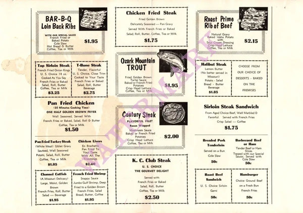 Cat and Fiddle, Springfield MO 1950s Menu