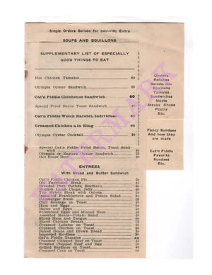 Cat ‘N Fiddle, Portland OR circa 1925* Menu