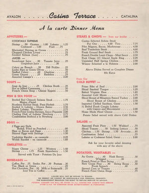 Casino Terrace, Catalina, California 1948 Menu