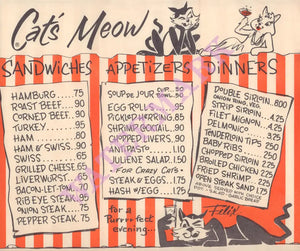 Cat's Meow, Fort Lauderdale 1960s | Vintage Menu Art - food menu
