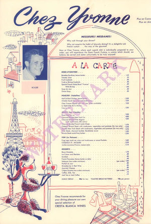 Chez Yvonne, Mountain View 1950s | Vintage Menu Art – a la carte menu