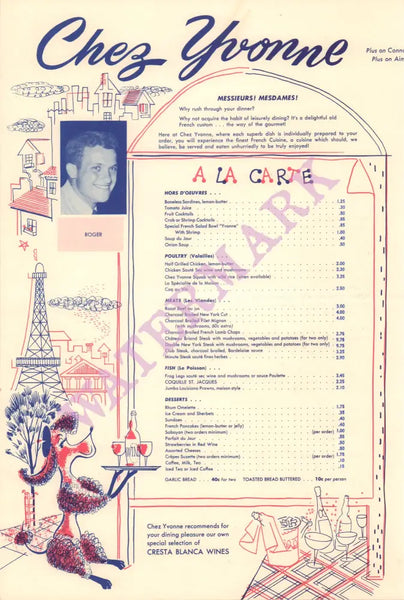 Chez Yvonne, Mountain View 1950s | Vintage Menu Art – a la carte menu