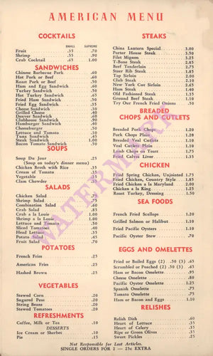 China Lantern, Beaverton 1950s American Menu