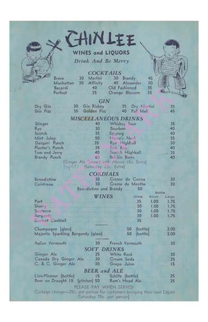 Chin’s Wine List New York 1937 Vintage Americana Menus