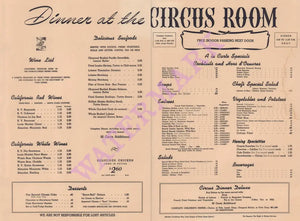 Circus Room Long Beach 1950s Vintage Americana Menus