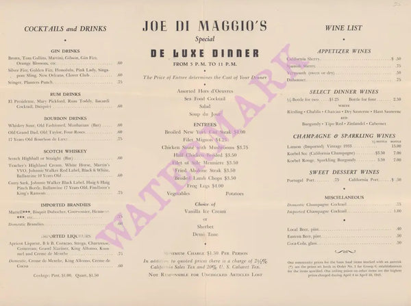 Club Joe di Maggio, San Francisco 1940s Dinner Menu