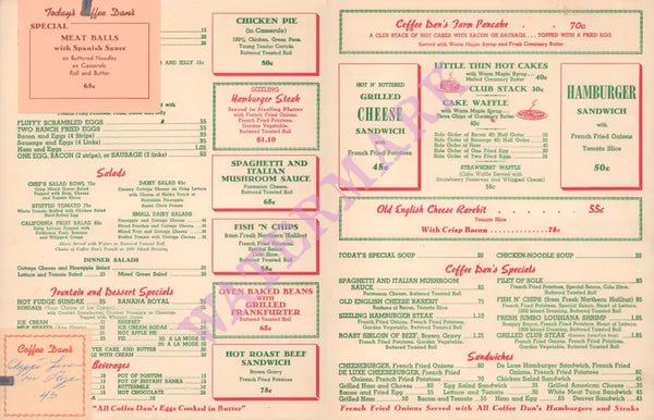 Coffee Dan's, Los Angeles 1950s Menu