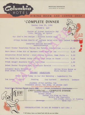 Columbia Hotel, Wenatchee 1954 Menu