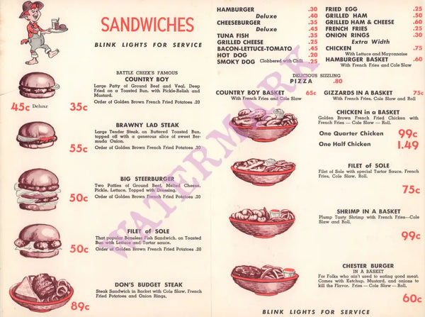 Country Boy Drive-In, Battle Creek MI 1950s Menu