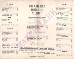 Court of Two Sisters Mardi Gras, New Orleans 1950s Menu