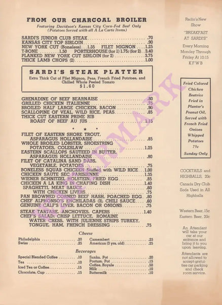 Covey's Sardi's, Hollywood 1941 Menu