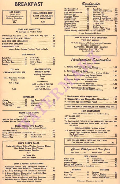 Desilu Cahuenga Studio Commissary, Hollywood 1960s Menu