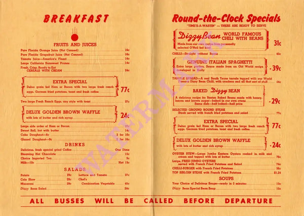 Dizzy Bean, Fresno 1950s Menu