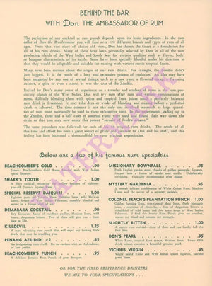 Don The Beachcomber, Hawaii 1956 Rum Menu