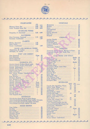 Eastern Steamship Lines, SS Acadia 1930s Wine list and cocktails