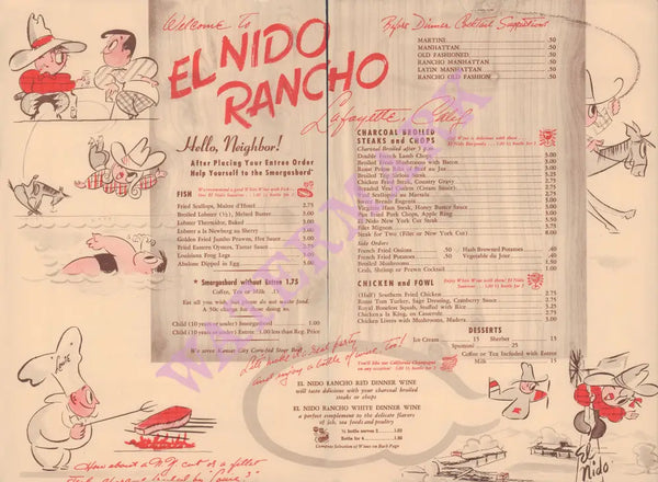El Nido Ranch, Lafayette 1960s Menu
