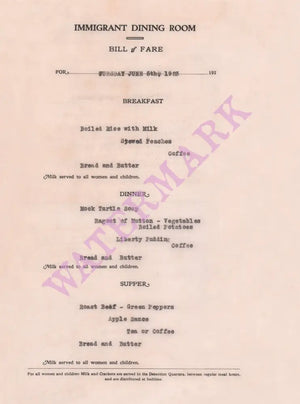 Ellis Island Immigrant Dining Room Menu 1923