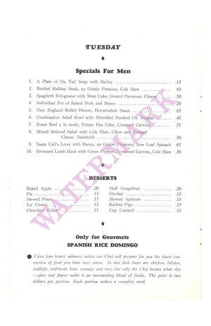 Esquire Grill 1930s Interior Menu